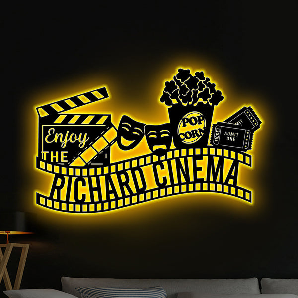 Personalized Home Theater Metal Sign With Led Lights, Movie Popcorn Home Theater Metal Wall Art, Custom Family Name Home Cinema Metal Wall Decor