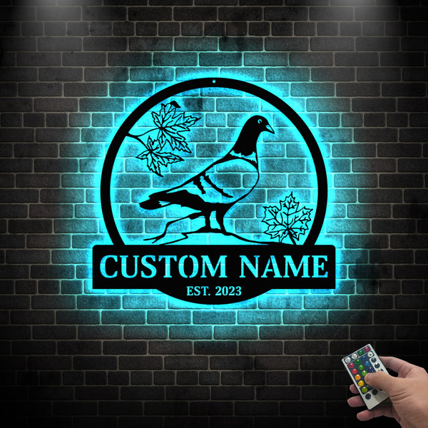 Custom Pigeon Bird Monogram Metal Wall Art Led Lights, Personalized Pigeon Bird Metal Name Signs, Pigeon Bird Metal Led Sign Wall Decor