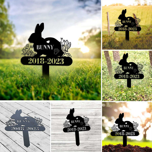 Personalized Bunny Memorial Metal Stake, Rabbit Metal Grave Markers Stake, Bunny With Flowers Metal Garden Stake, Pet Loss Remembrance Stake