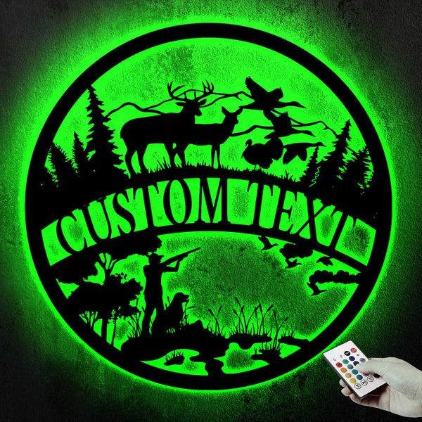 Custom Great Outdoor Hunting Metal Wall Art Led Lights, Personalized Hunter Metal Name Sign, Hunting Lodge Cabin Metal Sign Man Cave Decor