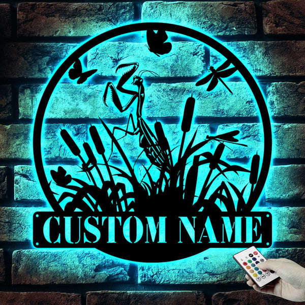 Custom Praying Mantis Cattails Metal Wall Art Led Lights, Personalized Mantis Lover Metal Name Sign Home Decor, Cattails Mantis Metal Sign Art