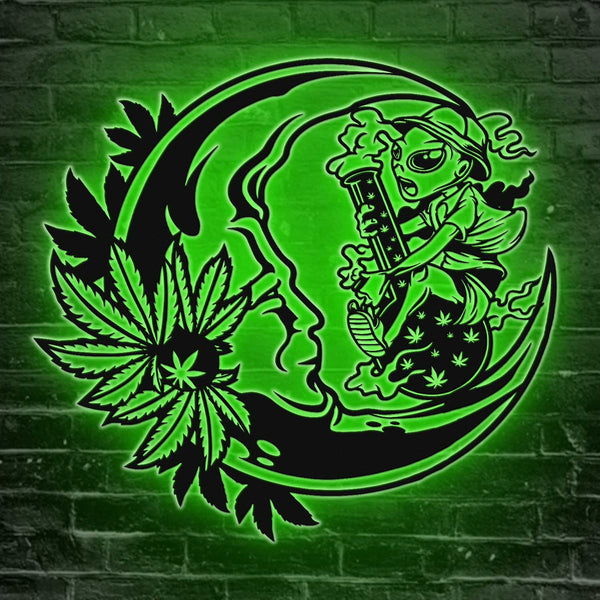 Crescent Moon Alien Smoking Weed Metal Sign With Led Lights, Smoking Cannabis Moon Metal Wall Art, Alien Smoking Weed Metal Sign Home Decor