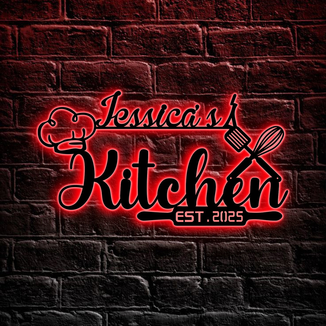 Custom Name Metal Kitchen Sign With Led Lights, Personalized Mom's Kitchen Metal Wall Art, Metal Home Kitchen Decor, Dining Room Metal Sign