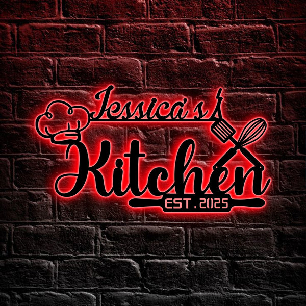 Custom Name Metal Kitchen Sign With Led Lights, Personalized Mom's Kitchen Metal Wall Art, Metal Home Kitchen Decor, Dining Room Metal Sign