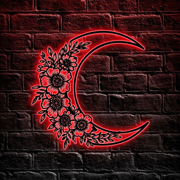 Floral Crescent Moon Metal Wall Art With Led Lights, Boho Flowers Moon Metal Wall Hanging Sign, Crescent Moon With Flowers Metal Sign Home Decor