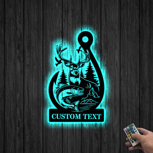 Custom Deer Hunting And Fishing Outdoor Metal Sign Led Lights, Personalized Hunter Metal Name Sign, Wildlife Hunting Metal Wall Art Home Decor