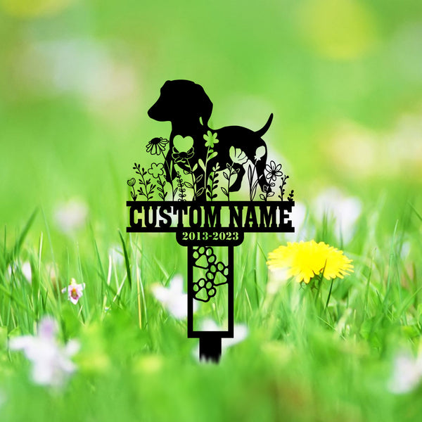 Custom Floral Dachshund Dog Memorial Metal Stake, Personalized Dog Cross Memorial Garden Sign, Dog Loss Metal Grave Marker, Pet Remembrance Stake