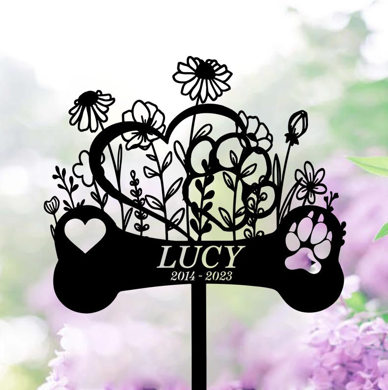 Custom Flowers Dog Bone With Heart Memorial Metal Garden Stake, Dog Memorial Metal Yard Sign, Dog Loss Metal Grave Marker, Pet Remembrance Stakes