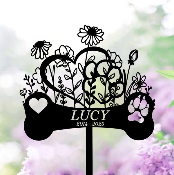 Custom Flowers Dog Bone With Heart Memorial Metal Garden Stake, Dog Memorial Metal Yard Sign, Dog Loss Metal Grave Marker, Pet Remembrance Stakes