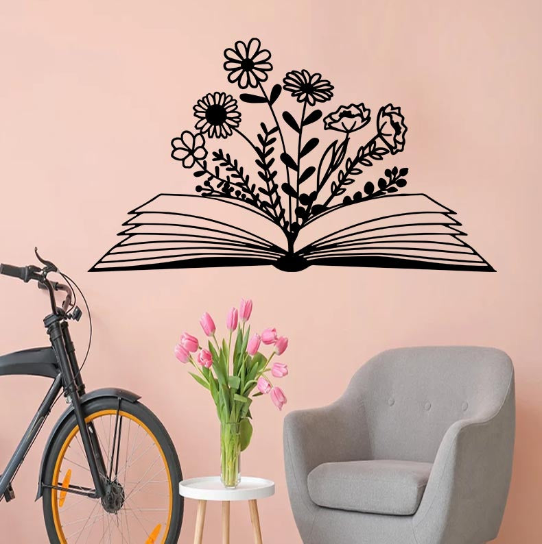 Book With Flowers Metal Wall Art, Flowers Book Metal Wall Hanging, Library Reading Room Metal Sign Decor, Bookworm Metal Sign, Books Lovers Gift