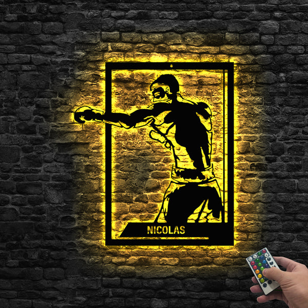 Custom Man Boxing Metal Wall Art With Led Lights, Personalized Gymer Boxer Metal Name Sign, Workout Boxing Sport Metal Wall Hanging Sign