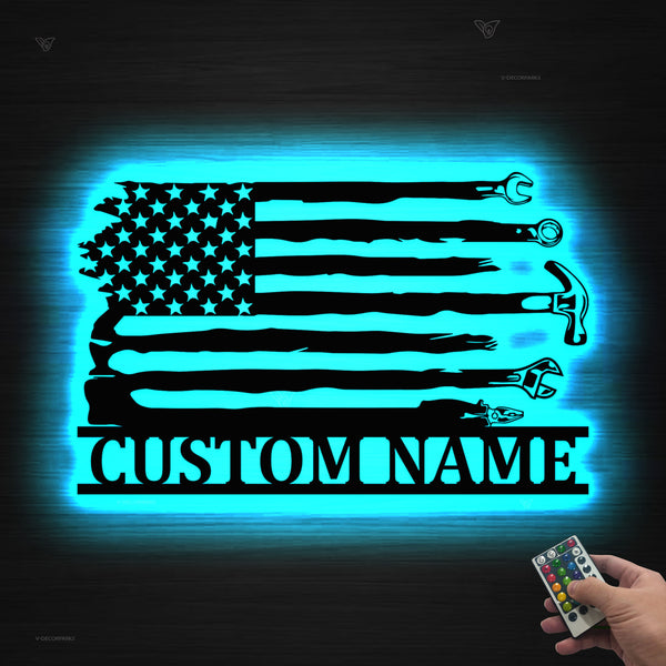 Custom Us Flag Mechanic Tools Repair Metal Wall Art Led Light, Personalized Tools Shop Metal Name Sign, Mechanic Tools Workshop Garage Metal Sign