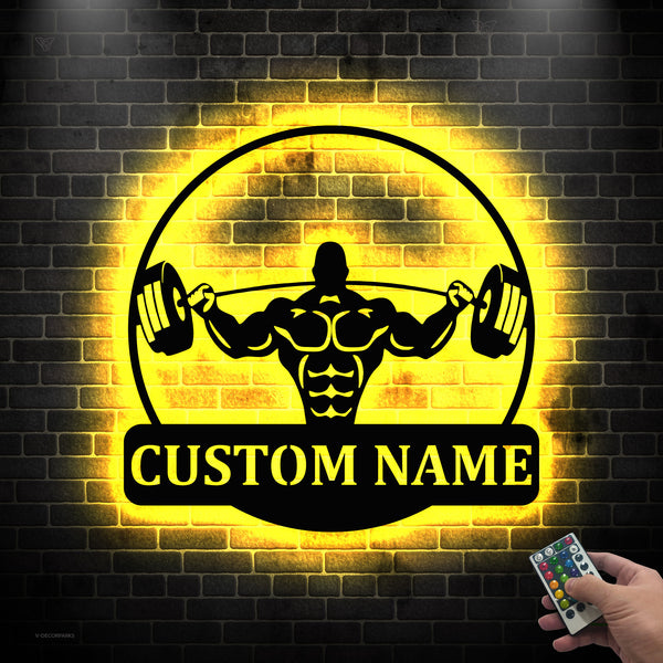 Custom Bodybuilding Gym Metal Wall Art With Led Lights, Personalized Weightlifting Workout Metal Wall Sign, Fitness Home Gym Metal Sign Decor