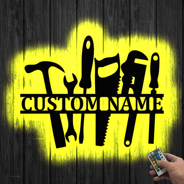 Custom Name Tools Repair Metal Wall Art Led Lights, Personalized Mechanic Tools Repairman Metal Sign Art, Mechanic Workshop Metal Sign Home Decor