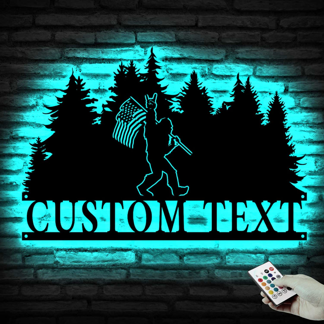 Custom Bigfoot American Flag Metal Wall Art Led Lights, Sasquatch Bigfoot Metal Name Sign, Yeti Bigfoot In Forest Metal Sign Lodge Cabin Decor