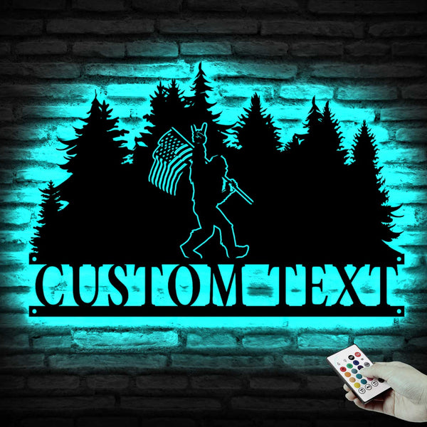 Custom Bigfoot American Flag Metal Wall Art Led Lights, Sasquatch Bigfoot Metal Name Sign, Yeti Bigfoot In Forest Metal Sign Lodge Cabin Decor