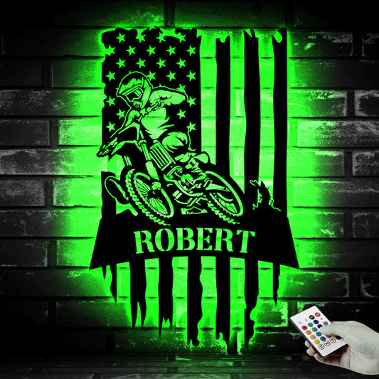 Personalized Us Flag Dirt Bike Metal Sign With Led Lights, Custom Name Motorcycle Dirt Bike Racing Metal Sign, Motocross Biker Metal Wall Art