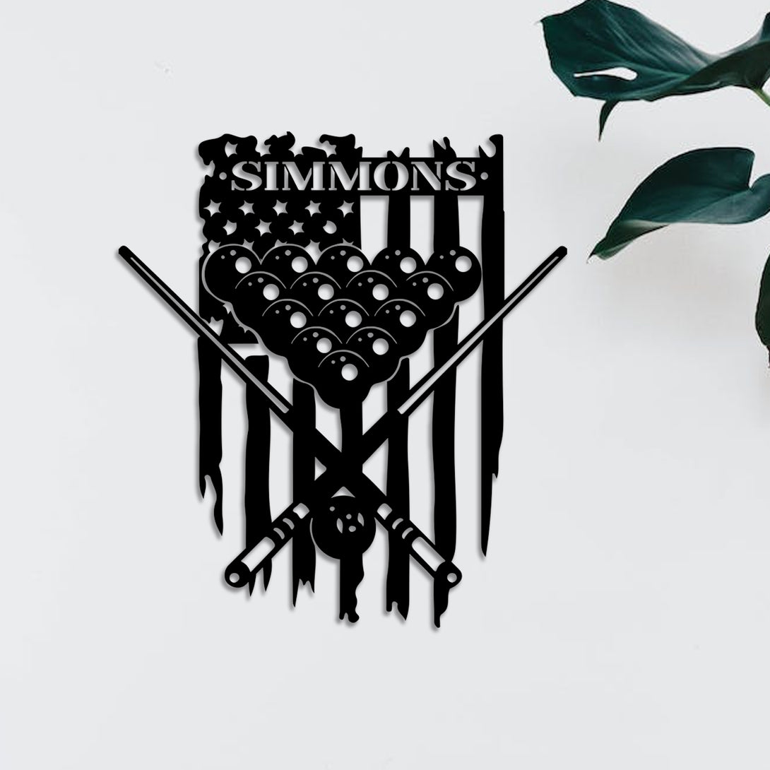 Custom Us Flag Billiards Metal Wall Art, Personalized Snooker Player Metal Name Sign, Custom Billiards Sign Pool Game Room Metal Decor