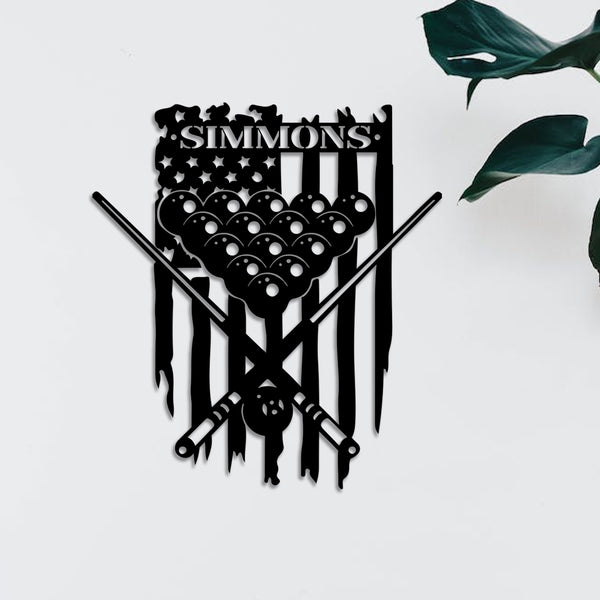 Custom Us Flag Billiards Metal Wall Art, Personalized Snooker Player Metal Name Sign, Custom Billiards Sign Pool Game Room Metal Decor