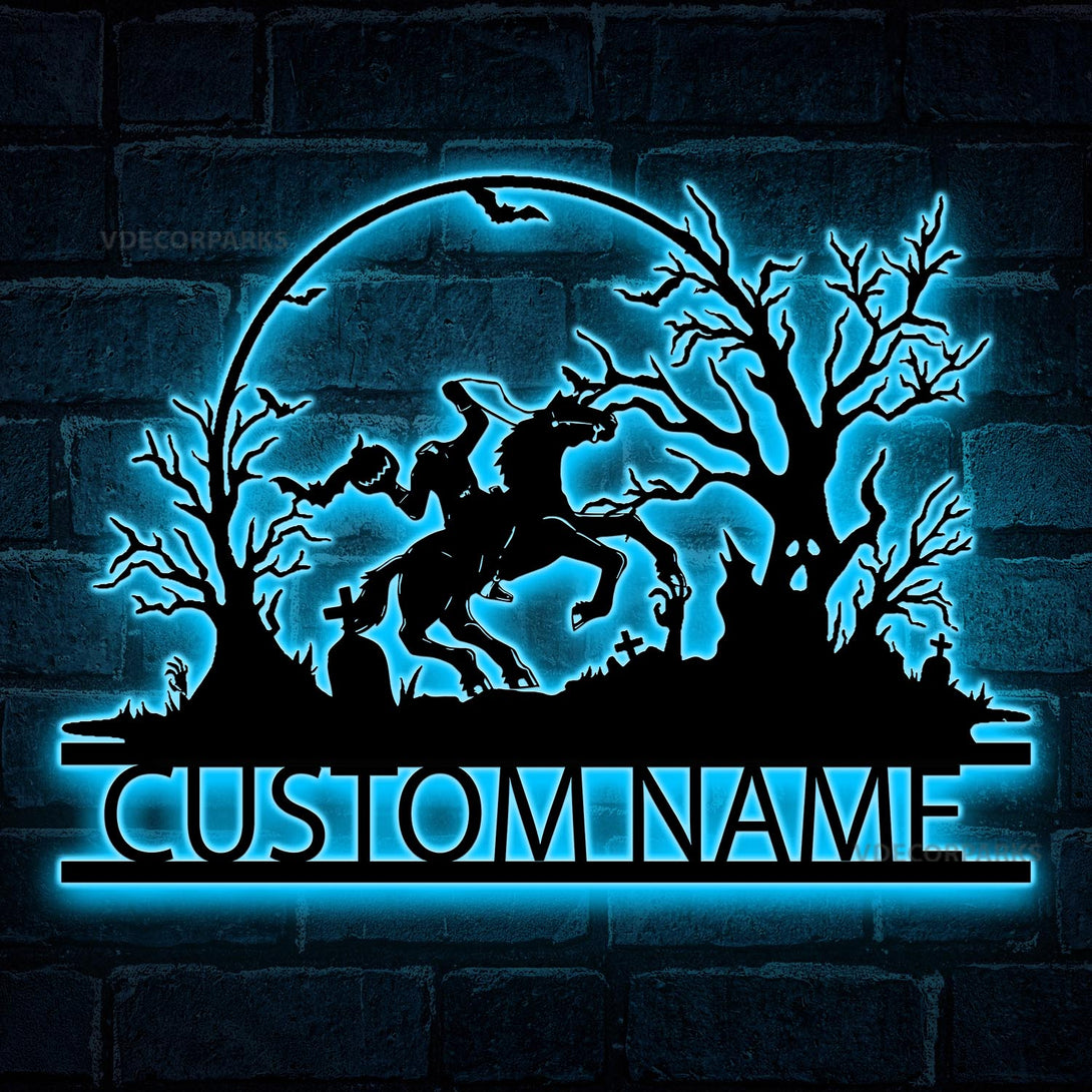Custom Name Headless Horseman Metal Wall Art Led Lights, Halloween Headless Horseman Metal Sign, Happy Halloween Metal Led Sign Home Decor