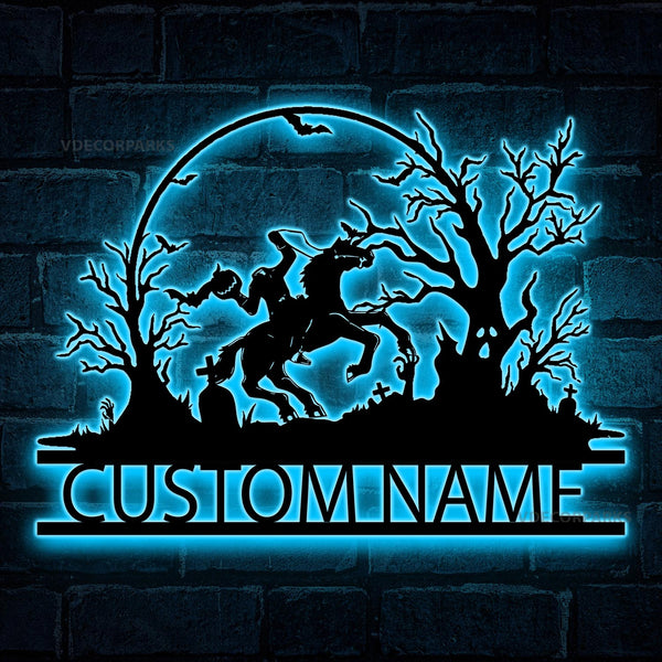 Custom Name Headless Horseman Metal Wall Art Led Lights, Halloween Headless Horseman Metal Sign, Happy Halloween Metal Led Sign Home Decor