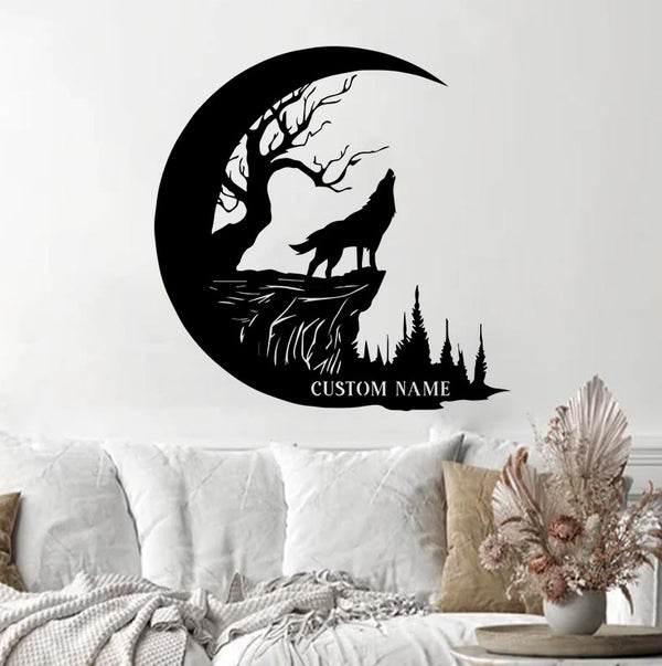 Custom Wolf On The Crescent Moon Forest Metal Wall Art, Personalized Howling Wolf On The Moon Metal Sign, Howling Wolf Wildlife Metal Home Decor