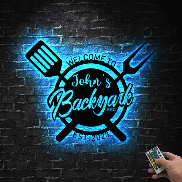 Personalized Backyard Bbq Metal Sign With Led Lights, Custom Bbq Grill Metal Wall Decor, Grill Barbecue Backyard Patio Metal Outdoor Decor