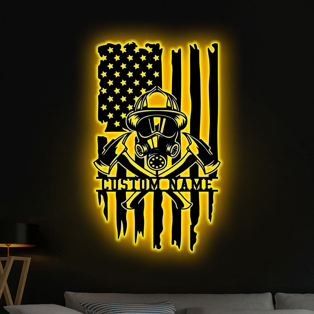 Personalized American Flag Firefighter Metal Sign Art Led Lights, Custom Name Firefighter Metal Sign, First Responder Metal Wall Hanging Decor