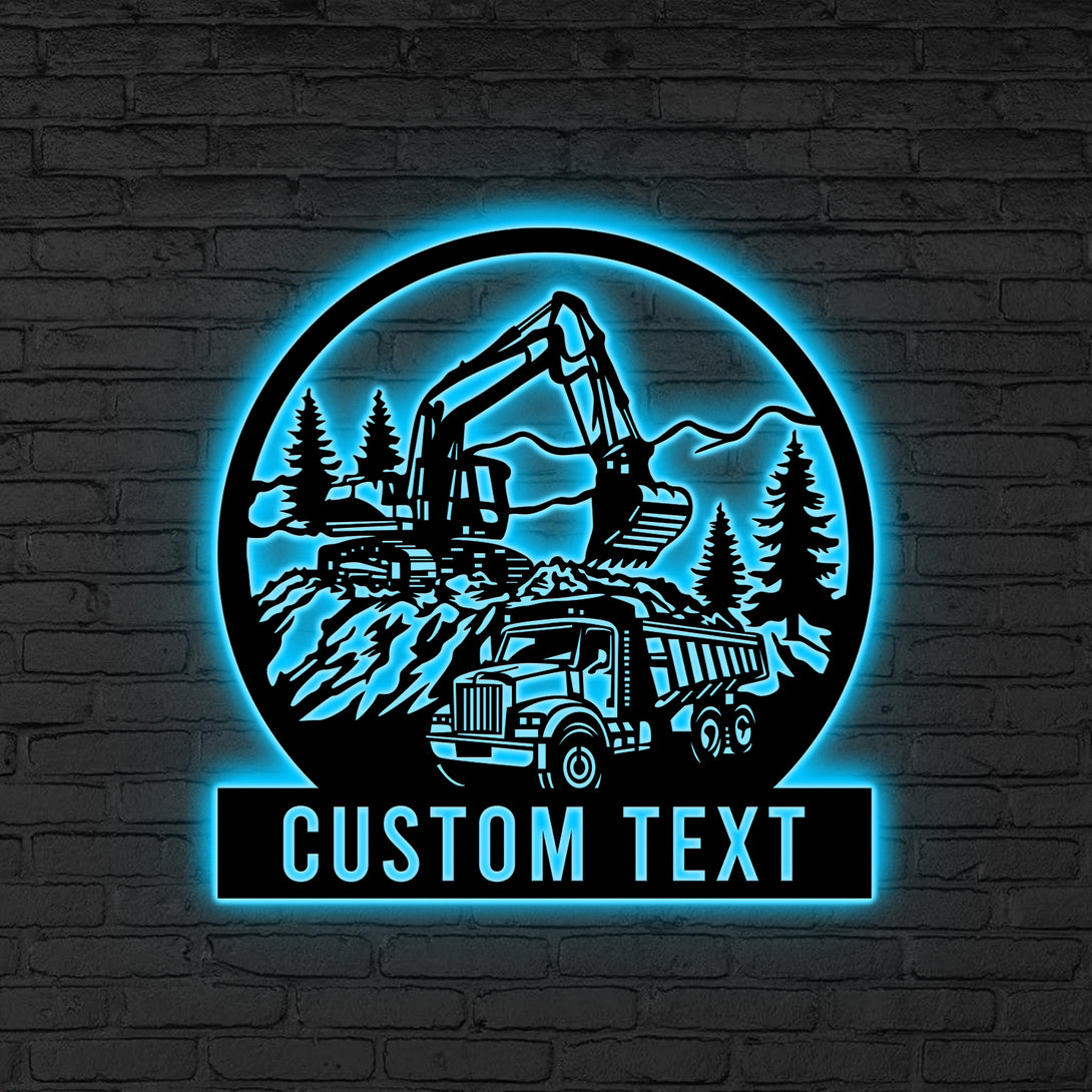 Custom Construction Equipment Metal Sign Led Lights, Personalized Excavator Dump Truck Driver Metal Name Sign, Heavy Machinery Metal Wall Decor
