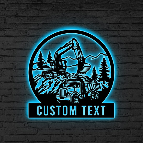 Custom Construction Equipment Metal Sign Led Lights, Personalized Excavator Dump Truck Driver Metal Name Sign, Heavy Machinery Metal Wall Decor