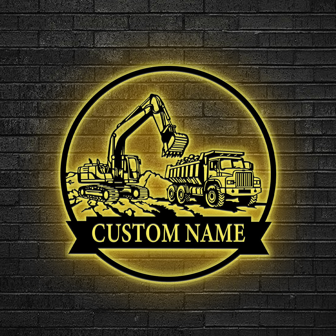 Custom Dump Truck Track Hoe Excavator Metal Sign Led Lights, Custom Heavy Machinery Driver Metal Name Sign, Construction Truck Metal Wall Art