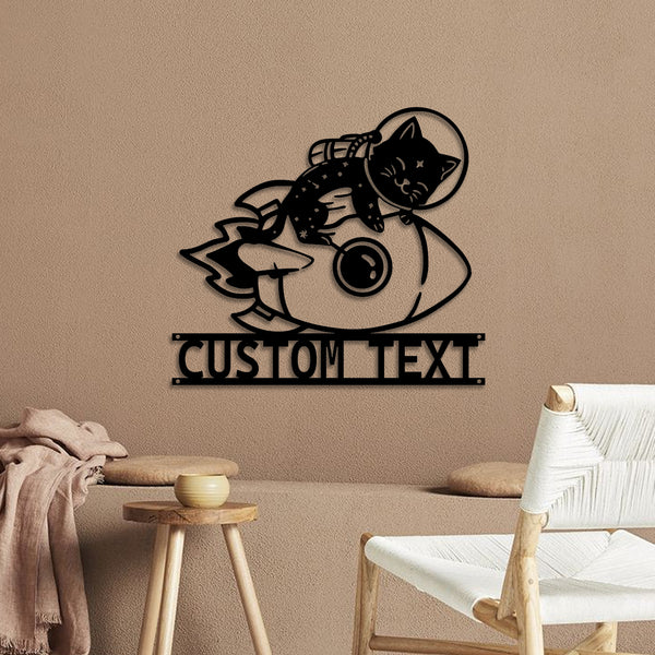 Personalized Cute Astronaut Cat Metal Wall Art, Galaxy Cat Astronaut On Space Ship Sign, Astronaut Cat Rocket Kids Room Nursery Metal Decor