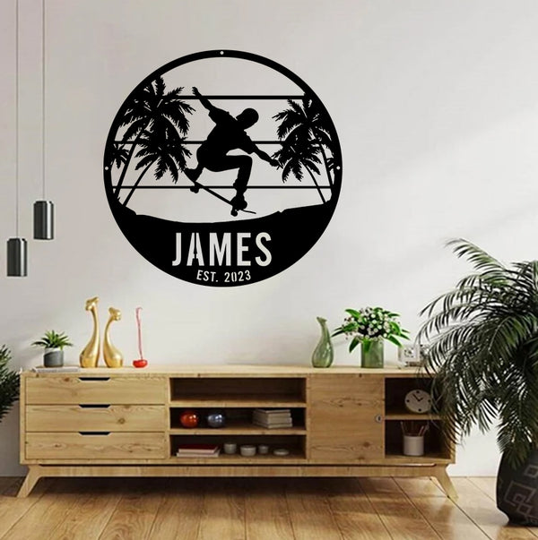 Custom Jumping Skateboard Metal Wall Art, Personalized Skateboarding Player Metal Name Sign, Skateboarding Kids Room Nursery Metal Decor