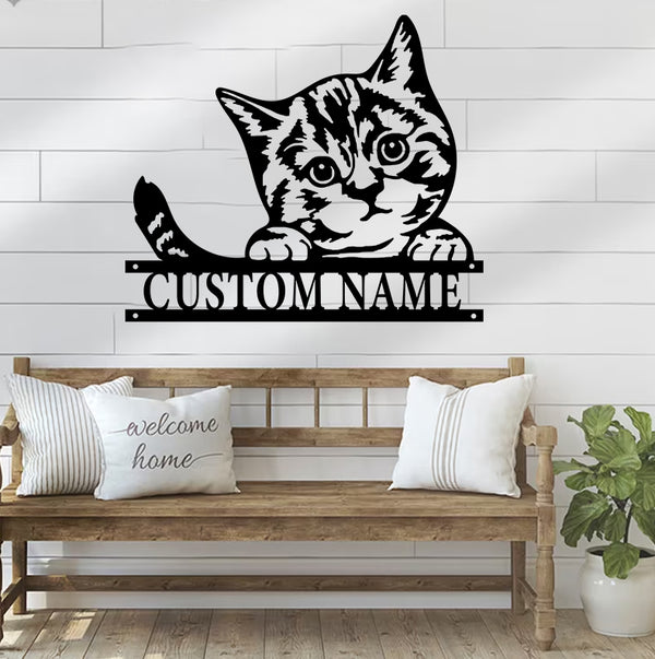 Custom Name Cute Cat Metal Wall Art, Personalized Cute Cat Kitten Metal Name Sign, Peeking Cat Metal Wall Decor, Animal Pet Lover Metal Sign