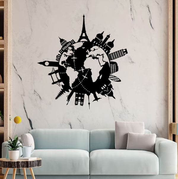 World Map Metal Wall Art, Traveling Around World Metal Sign, World Map Modern Sign Home Office Decor, World Map Interior Metal Housewarming Sign