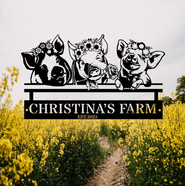 Custom Funny Pigs Farmhouse Metal Sign Art, Personalized Name Flowers Pig Farm Sign, Pig Barn Metal Wall Art, Metal Pigs Garden Outdoor Decor