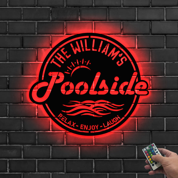 Custom Name Poolside Bar Metal Sign With Led Lights, Personalized Pool Tiki Bar Metal Sign, Poolside Oasis Metal Wall Hanging Backyard Patio Decor