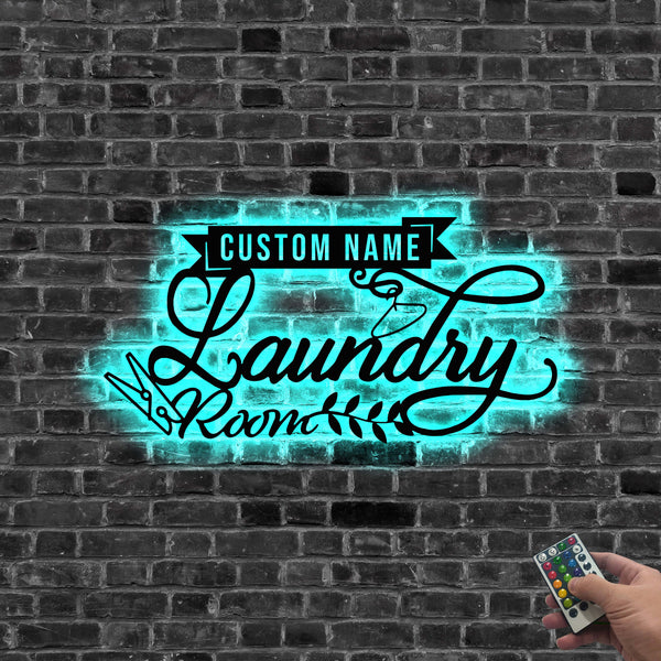 Custom Name Laundry Room Metal Sign With Led Lights, Personalized Laundry Room Metal Wall Art, Metal Laundry Room Sign Home Decor