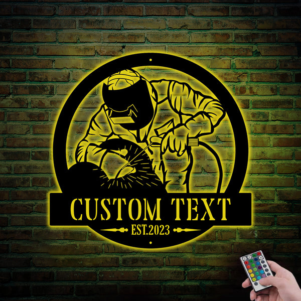 Custom Name Construction Welder Metal Sign With Led Lights, Welding Workshop Metal Wall Art, Personalized Construction Welder Metal Name Sign