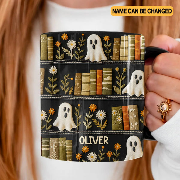 Personalized Cute Bookish Ghosts Black Mug – Custom Name Halloween Coffee Mug for Readers