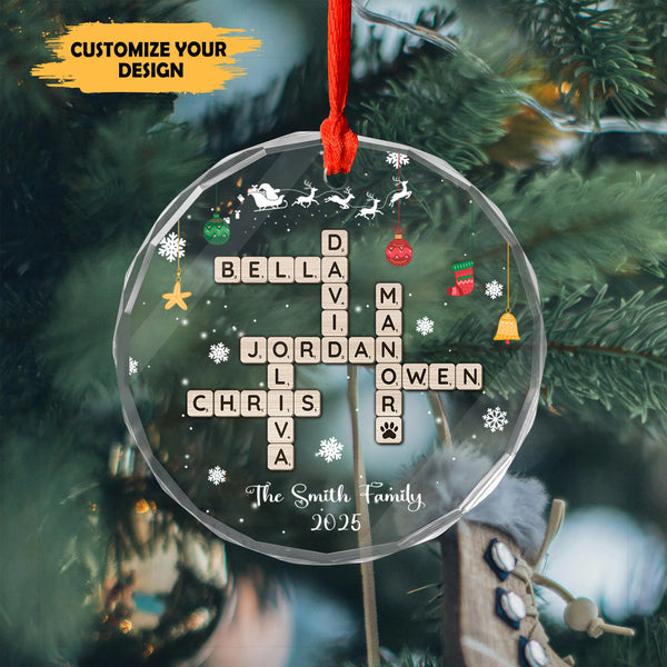 Personalized Family Crossword Glass Ornament – Custom Name Christmas Decoration