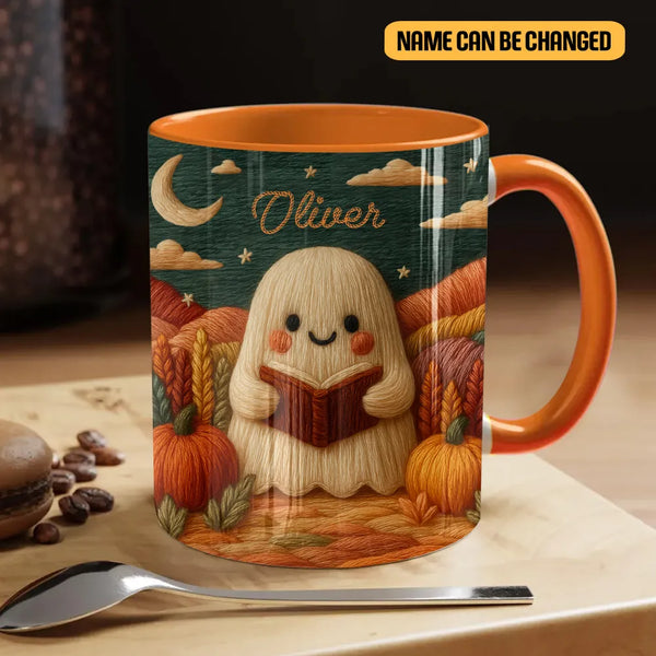 Cozy Autumn Ghost Reader Embroidery Effect Accent Mug – Custom Name Halloween Coffee Mug for Readers