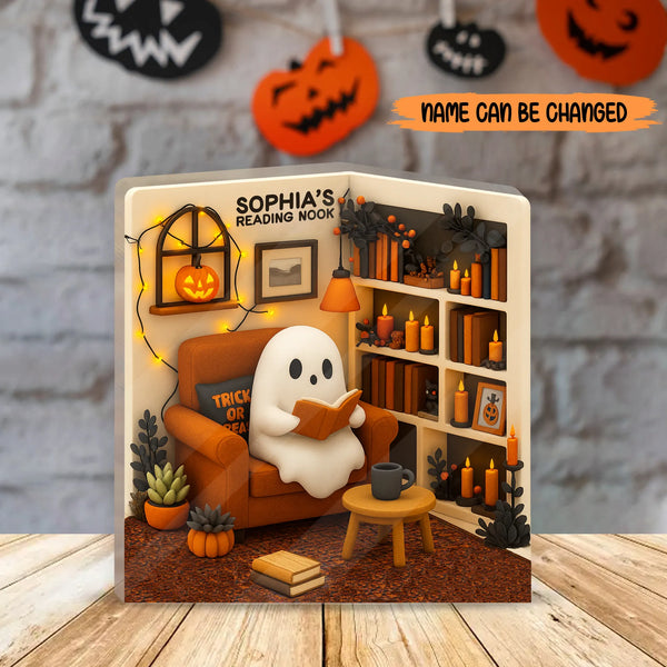 Ghost Reading Nook - Personalized 2D Flat Halloween Acrylic Plaque, Spooky Halloween Gift for Book Lovers