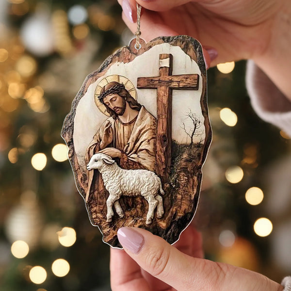 Jesus and Lamb 2D Flat Print Acrylic Ornament – Christian Christmas Decoration
