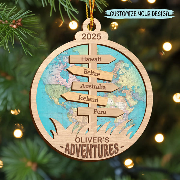 Personalized Travel Adventure 2 Layered Wood Ornament, Custom Christmas Gift for Travelers and Explorers