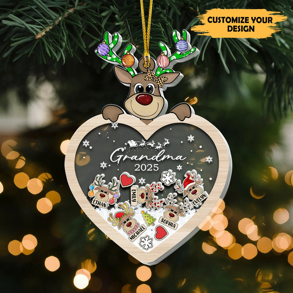 Personalized Reindeer Family Shaker Ornament – Custom Name Heart Christmas Ornament for Grandma, Mom, Kids, Family Gift