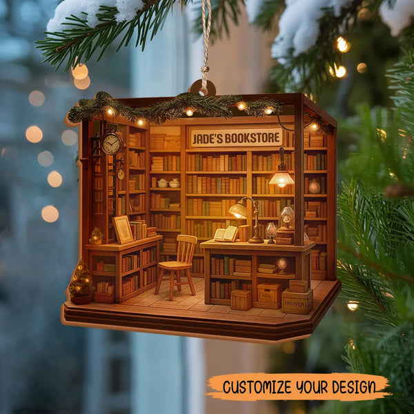 Custom Wood Bookstore Ornament – Personalized Christmas Tree Decoration for Readers and Bibliophiles