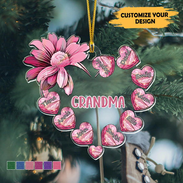 Personalized Mom Grandma Heart Flower Acrylic Ornament – Custom Family Names Gift