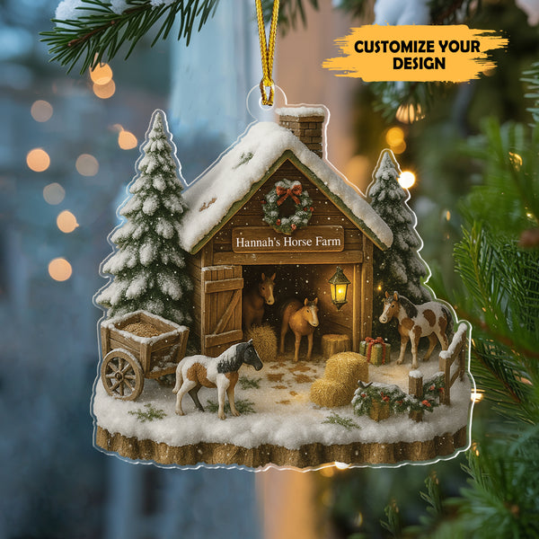 Personalized Horse Farm Acrylic Ornament – Personalized Farmhouse Christmas Barn and Horse, Custom Wood Ornament, Gift For Farmers