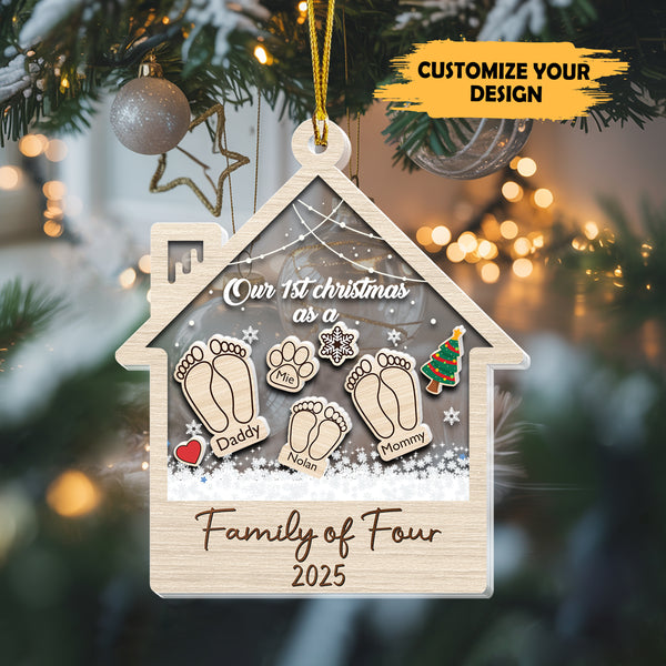 First Christmas As A Family Of Three Footprints - Personalized Custom Acrylic Shaker Ornament